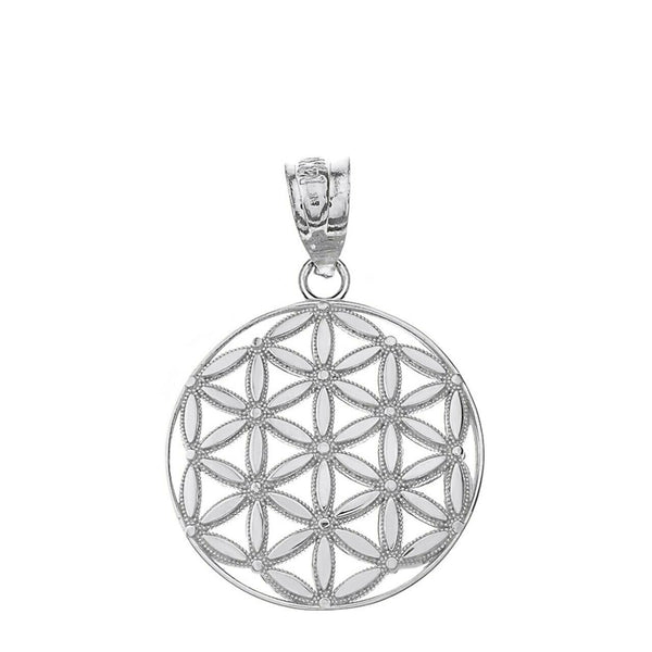 14K Solid White Gold Flower of Life Sacred Geometry Pendant Necklace