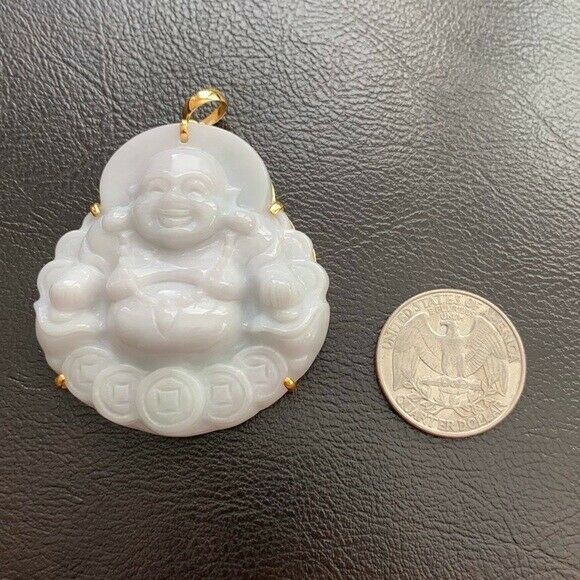 14K Solid Gold Natural Jadeite White Jade Happy Laughing Buddha Pendant Large