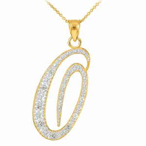 14k Solid Yellow Gold Diamonds Initial Script Letter O Pendant Necklace