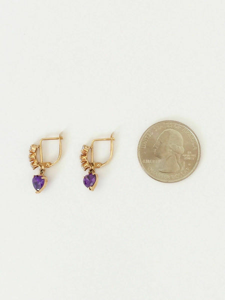 14K Solid Yellow Gold Small Heart Purple February Amethyst CZ Earrings