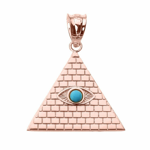 14k Rose Gold Egyptian Pyramid with Turquoise Evil Eye Pendant Necklace