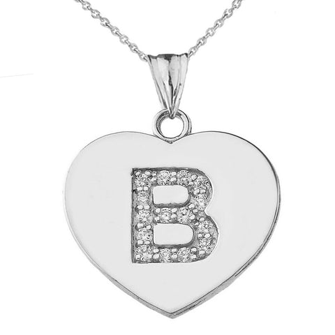 925 Sterling Silver CZ Initial Letter B Heart Pendant Necklace - Made in USA