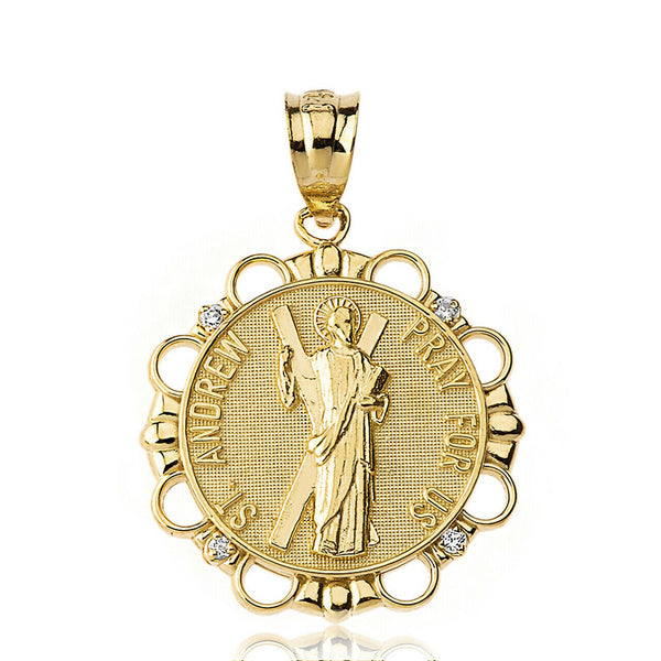 14k Solid Gold Diamond Saint Andrew Pray For Us Circle Pendant Necklace