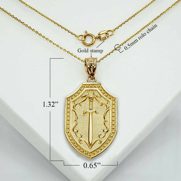 14K Soliid Gold St. Saint Michael’s Sword Shield Pendant Necklace