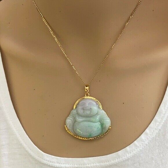 14K Real Gold Natural Jadeite Jade Happy Laughing Buddha Pendant Male Charm