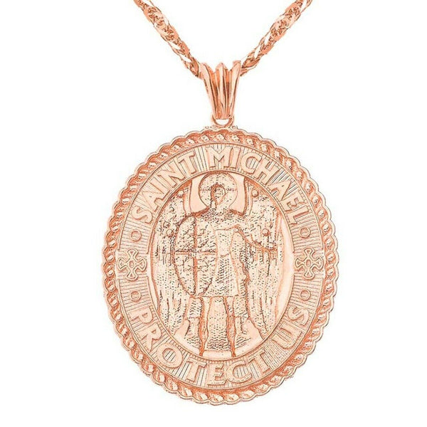 14k Solid Gold St. Saint Michael Protect Us Pendant Oval Yellow White Rose