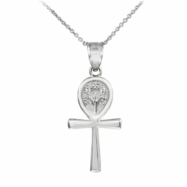 14K Solid White Gold Ankh Cross CZ Tree of Life Pendant Necklace