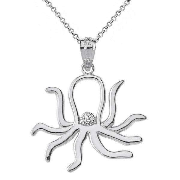925 Sterling Silver Octopus Outline CZ Pendant Necklace