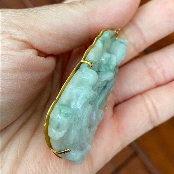 14K Solid Real Gold Natural Jadeite Jade Lotus Kwan Yin Lady Buddha Pendant 703