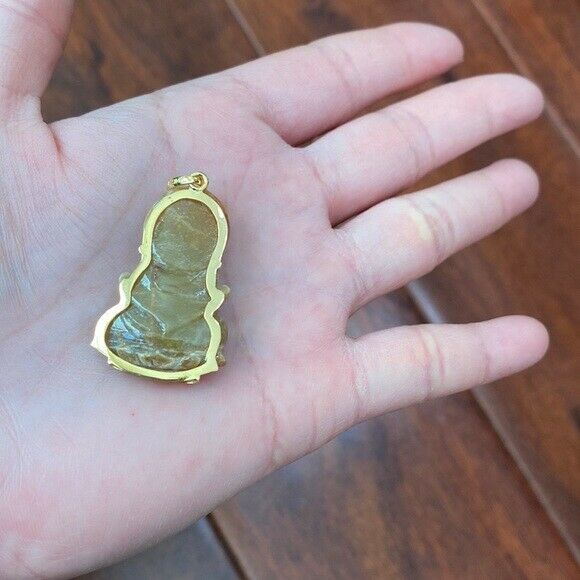 14K Solid Gold Guanyin Kwan Yin Female Buddha Natural Red Jade Pendant