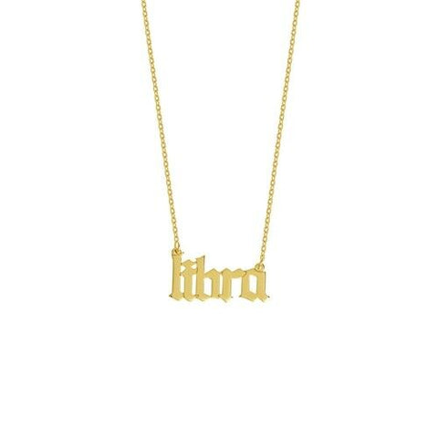 14K Solid Yellow Real Fine Gold Gothic Script Libra Zodiac Necklace Adjustable