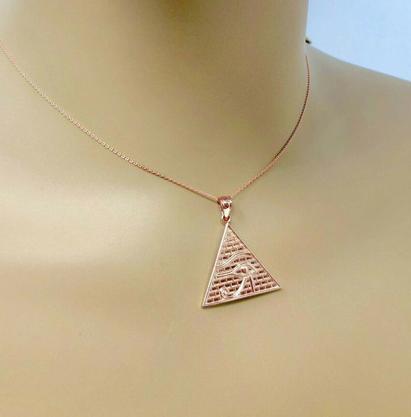 14k Solid Rose Gold Egyptian Pyramid Eye of Horus Pendant Necklace (13 Steps)