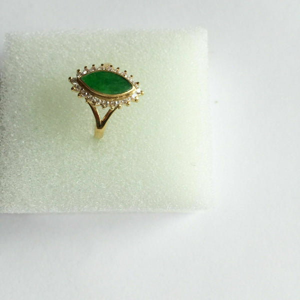 14K Solid Yellow Gold Marquise Green Jade Women CZ Ring Size 6