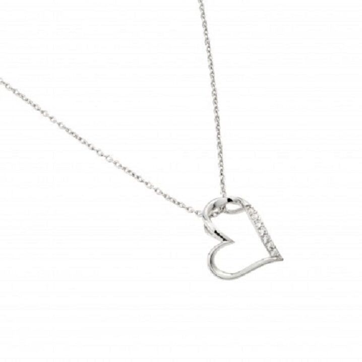 925 Sterling Silver Rhodium Plated Slanted Heart Pendant Necklace 16"-18"