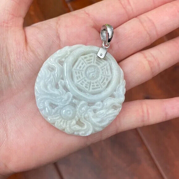 925 Sterling Silver Carving Jade Dragon Phoenix Yin Yang Pendant Necklace