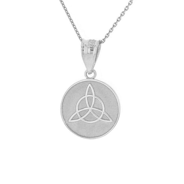 10k Solid White Gold Triquetra Irish Celtic Disc Circle Pendant Necklace