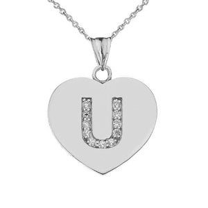 925 Sterling Silver CZ Initial Letter U Heart Pendant Necklace - 16" 18" 20" 22"