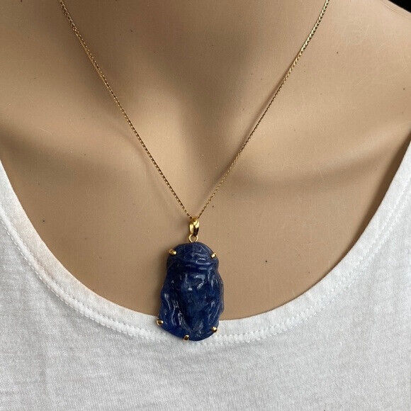 14K Real Solid Gold Carving Jesus Sodalite Christ Head Pendant Charm