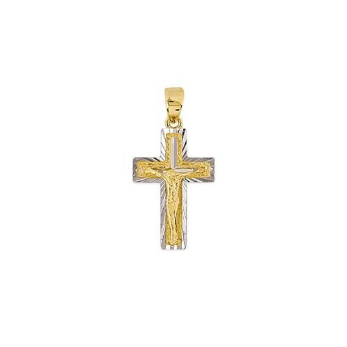 14k Solid Real Yellow Gold Small Cross Crucifix Diamond-cut Pendant Necklace