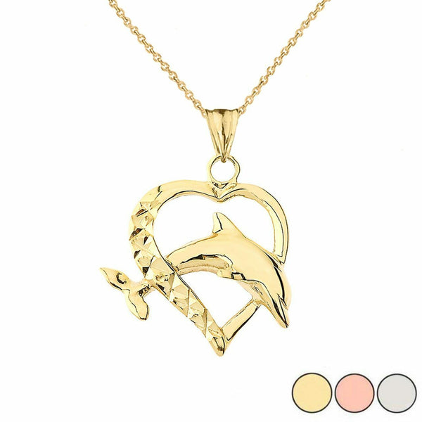 10k Real Solid Yellow Gold Heart Dolphin Jumping Love Pendant Necklace