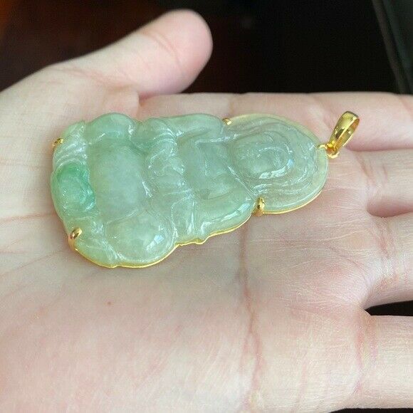 14K Solid Gold Lady Tara Buddhist Buddha Natural Jade Pendant Bodhisattva