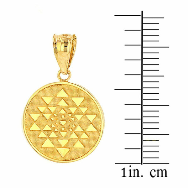 10K Solid Yellow Gold Yantra Tantric Indian Yoga Disc Circle Pendant Necklace