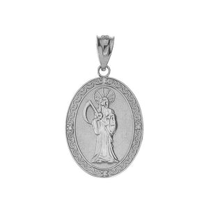 925 Sterling Silver Santa Muerte Oval Pendant Necklace Small or Large
