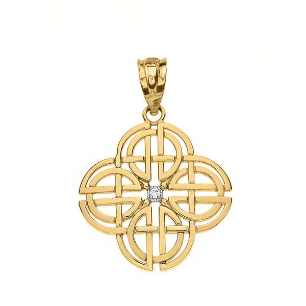 10K Solid Gold Diamond Celtic Knot Geometric Circular Pendant Necklace