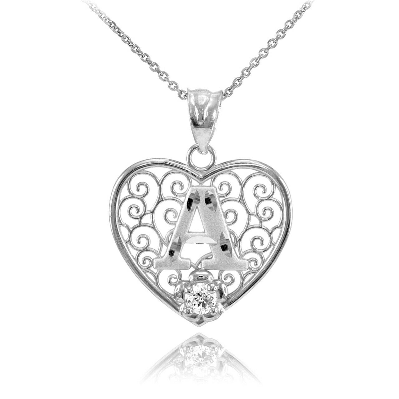 925 Sterling Silver Filigree Heart CZ Initial Letter A Pendant Necklace