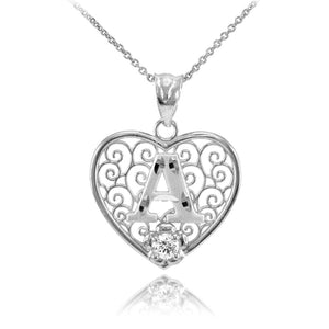 925 Sterling Silver Filigree Heart CZ Initial Letter A Pendant Necklace