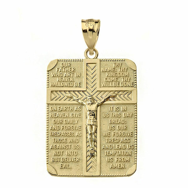 Solid 10k Yellow Gold The Lord's Our Father Prayer Crucifix Pendant Necklace