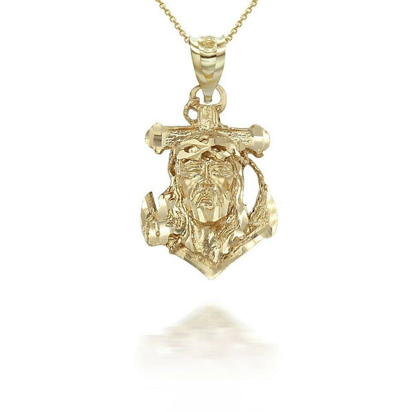 14k Solid Gold Jesus Face Anchor Pendant - Yellow, Rose, or White