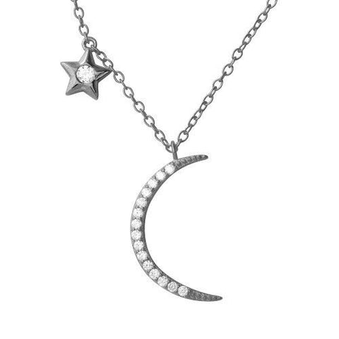 NWT 925 Sterling Silver 925 Rhodium Plated CZ Star and Crescent Moon Necklace