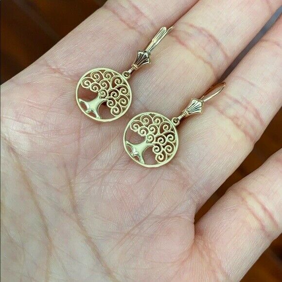 10K Solid Yellow Gold Tree of Life Openwork Drop / Dangle Leverback Earrings