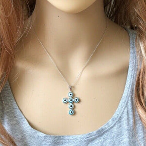 NEW. 925 Sterling Silver Rhodium Plated Blue Evil Eye Cross Necklace
