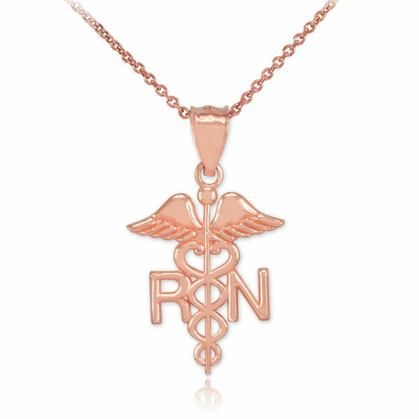 14K Rose Gold Caduceus Medical RN Registered Nurse Herald Staff Pendant Necklace