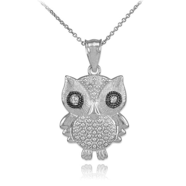 14K Solid Gold Owl Diamonds Pendant Necklace - Yellow, Rose, or White