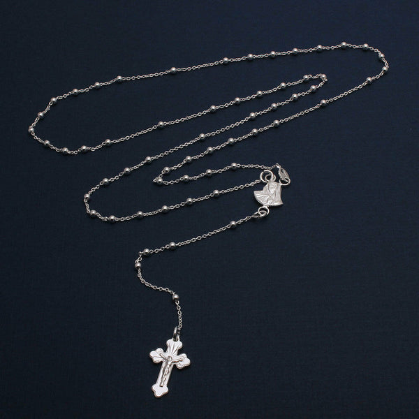 NWT Real Sterling Silver 925 Cross Crucifix Beaded Rosary Necklace 20", 24"