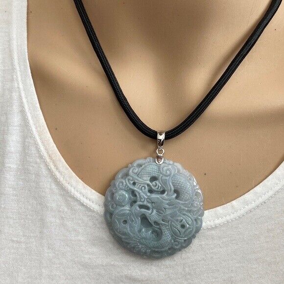 925 Sterling Silver Carving Jade Dragon Large Pendant Necklace