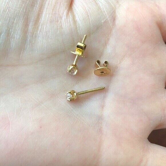 Small 14K Solid Yellow Gold Mini CZ Dainty Screw Back Earrings - Minimalist