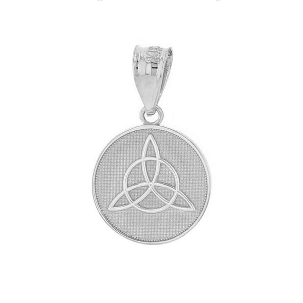 10k Solid White Gold Triquetra Irish Celtic Disc Circle Pendant Necklace