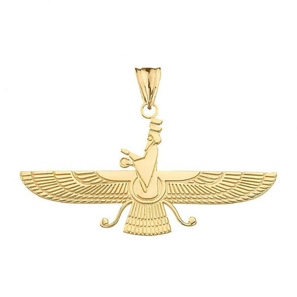 14K Solid Gold Persian God Faravahar Pendant Necklace - Yellow, Rose, or White