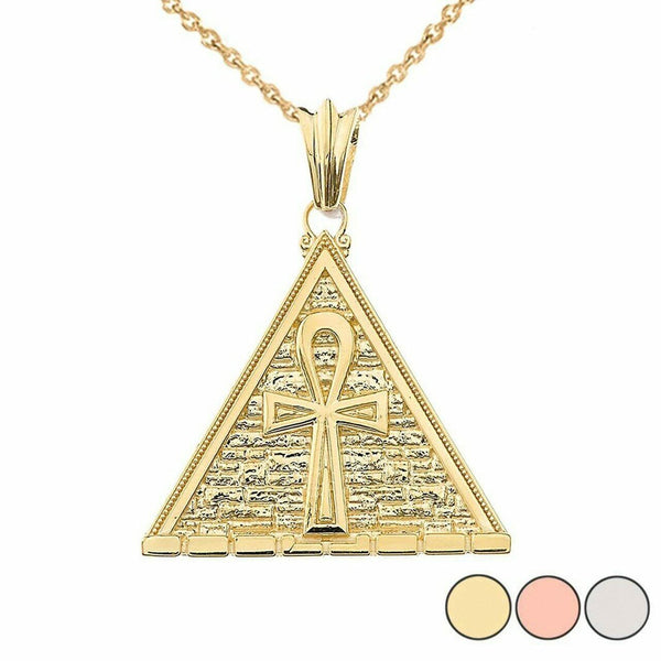 14k Solid Yellow Gold Ankh Cross Egyptian Pyramid Pendant Necklace