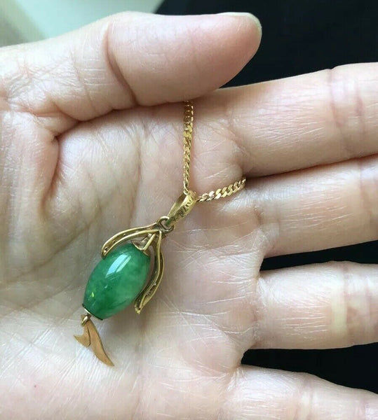 NEW 14K Yellow Gold Green Jade Pendant - ES32