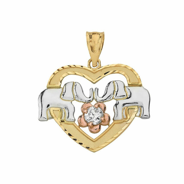 Fine 14k Solid Three Tone Gold Elephant and Heart CZ Pendant Necklace