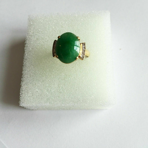 14K Solid Yellow Gold Oval Green Jade CZ Ring Size 6.25