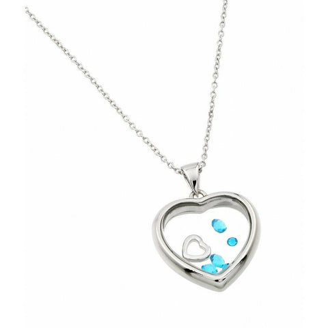 Sterling Silver 925 Rhodium Birthstone Heart Pendant Necklace - March Aquamarine