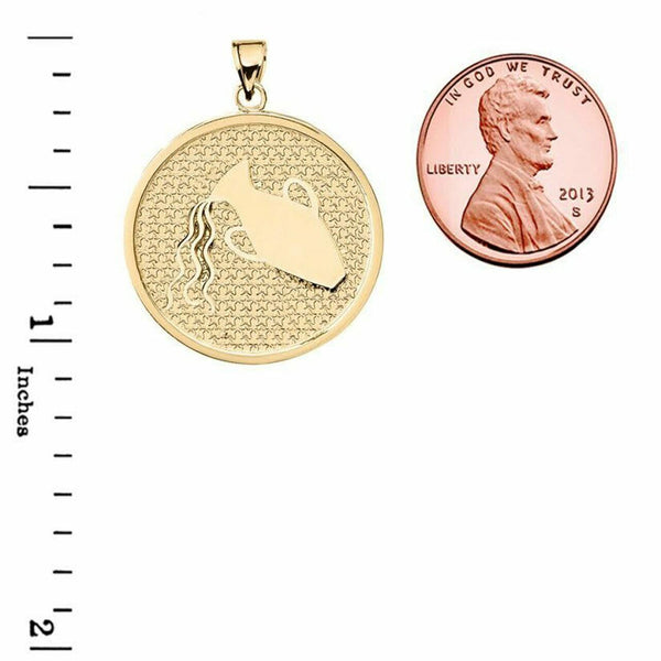 10K Solid Gold Aquarius Zodiac Sign Disc Round Pendant Necklace 16" 18" 20" 22"