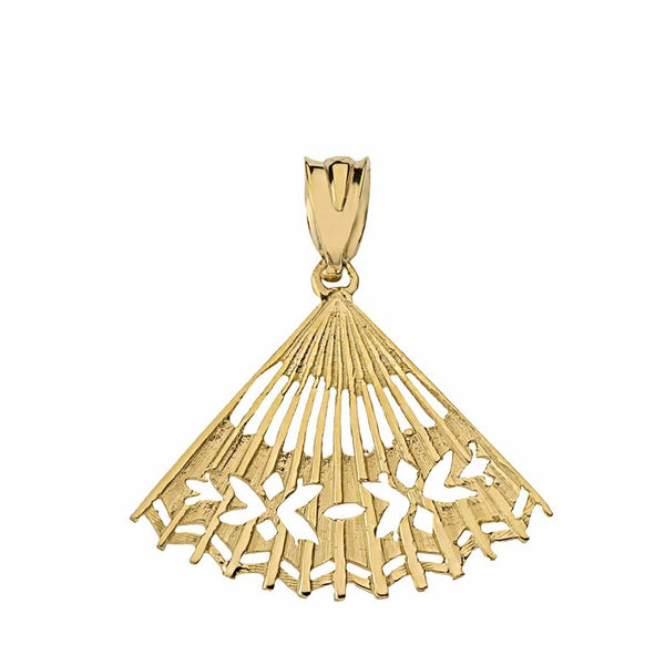 10k Yellow Gold Cut Out Japanese Handheld Folding Hand Fan Pendant Necklace