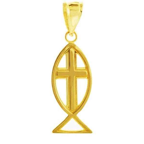 10k Solid Gold Jesus God Cross Charm Ichthus Christian Fish Pendant Necklace